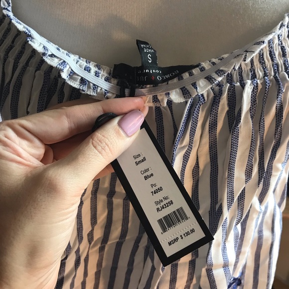 Romeo Juliet Top Shirt Blouse Floral Off Shoulder Peasant Striped Small Blue New - Picture 7 of 7